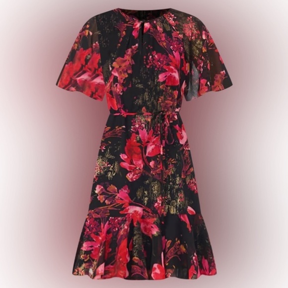 Cece floral Mon dress flutter sleeves red black shift style size large - Picture 2 of 5